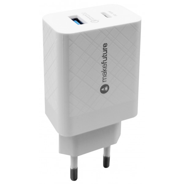 Мережевий зарядний пристрій MakeFuture 18W Type-C PD + USB QC3.0 White (MCW-32PWH)