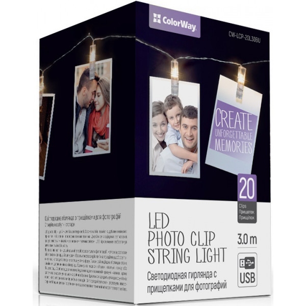 Гірлянда лінійна Colorway 20LED, 3м, з прищіпками для фото, USB (CW-LCP-20L30BU)