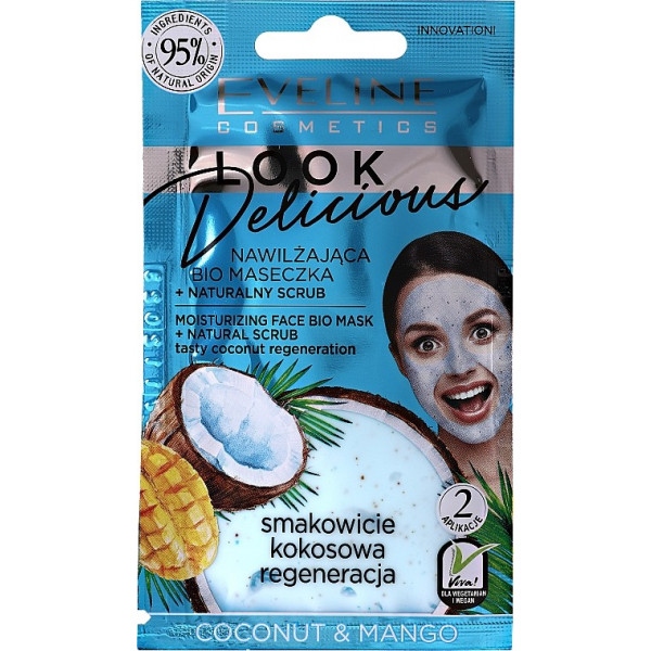 Маска для обличчя EVELINE Look Delicious з натуральним скрабом кокос і манго 10 мл (5903416026228)