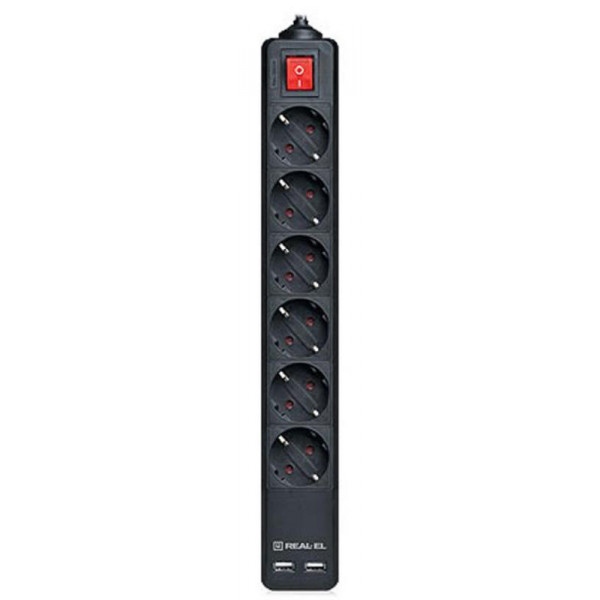 Мережевий фільтр REAL-EL RS-6 Protect USB 5m Black