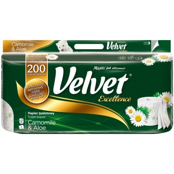 Туалетний папір Velvet Excellence Ромашка и алоэ 3 слоя 8 рулонов 200 отрывов (5901478995476)