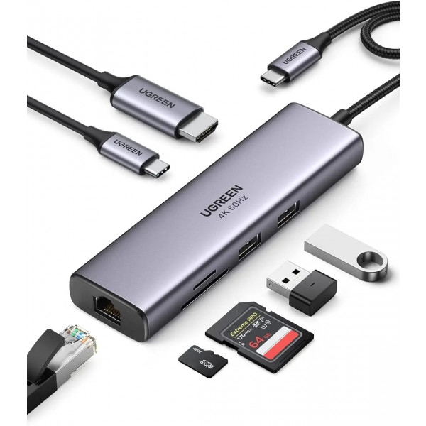 Хаб USB UGREEN CM512 USB Type-C to 2xUSB3.0+HDMI+RJ45+SD&TF +PD Port Converter Gray (60515)