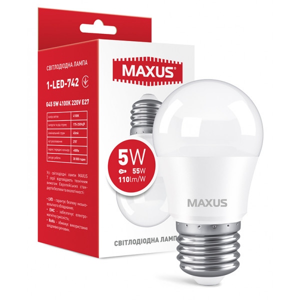 Лампочка світлодіодна Maxus G45 5W 4100K 220V E27 (1-LED-742)