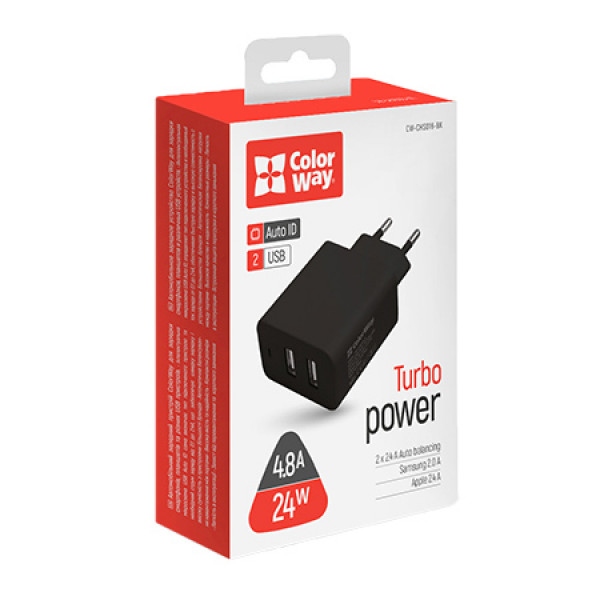Мережевий зарядний пристрій Colorway AutoID 2USBx2.4A Black (CW-CHS016-BK)
