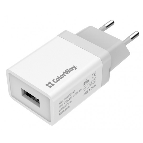 Мережевий зарядний пристрій Colorway 1xUSB 1A White (CW-CHS011-WT)