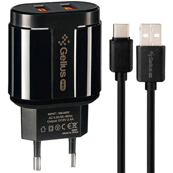 Мережевий зарядний пристрій Gelius Pro Avangard GP-HC06 2USB 2.4A + Cable Type-C Black