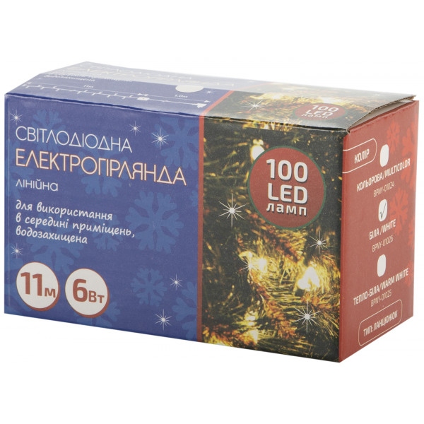 Гірлянда лінійна BPNY вологозахищена з адаптером White 100 LED, 11М, 220V, 6W (102962)