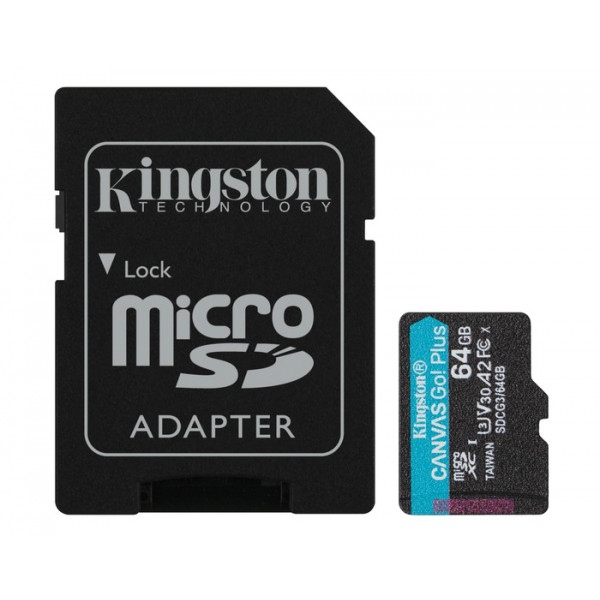 Карта пам'яті Kingston MicroSDXC 64GB Canvas Go! Plus Class 10 UHS-I U3 V30 A2 + SD-адаптер (SDCG3/64GB)