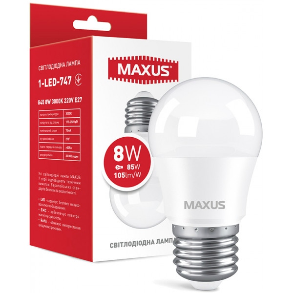 Лампочка світлодіодна Maxus G45 8W 3000K 220V E27 (1-LED-747)