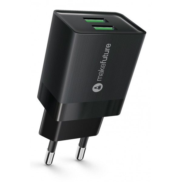 Мережевий зарядний пристрій MakeFuture 2.4A 2USB Auto-ID Black (MCW-22BK)