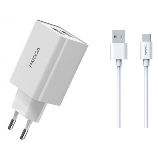 Мережевий зарядний пристрій Proda PD-A28a 2хUSB порти 2,4A + USB Type-C кабель 1 м 
White (PD-A28c-WH)