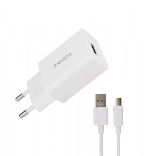 Мережевий зарядний пристрій Proda PD-A43a USB 2.4A + USB Type-C кабель 1 м White (PD-A43a-WHT)