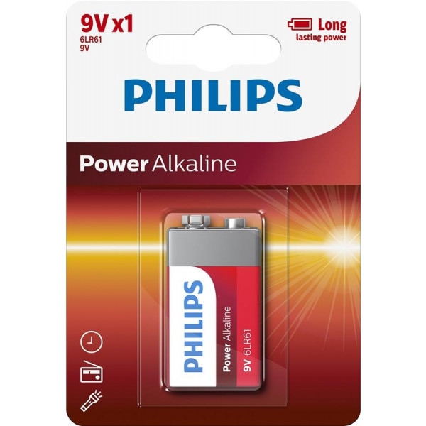 Батарейка тип 6F22 (1604) Philips Power Alkaline 6LR61 BLI (6LR61P1B/10)