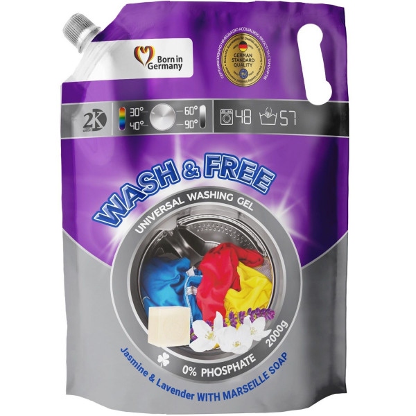 Гель для прання WASH & FREE Універсальний жасмин та лаванда з марсельським милом (DOYPACK) 2000г