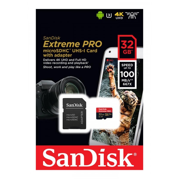 Карта пам'яті SanDisk 4K Extreme Pro microSDHC 32GB V30 A1 UHS-I U3 + SD (SDSQXCG-032G-GN6MA)