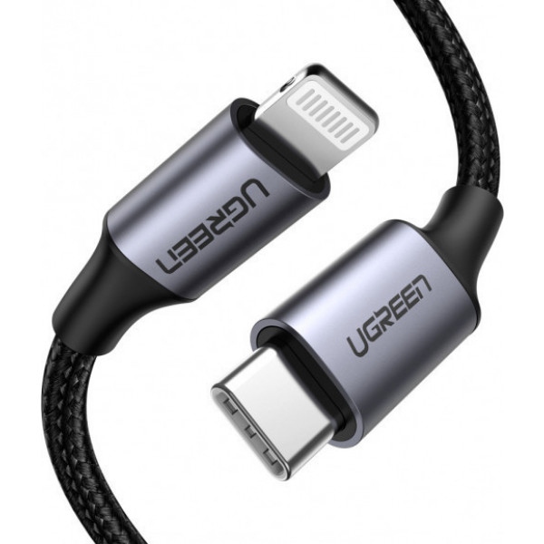 Кабель синхронізації даних UGREEN US304 USB Type-C - Lightning, MFI - 36W, 1.5 m Braided with Aluminum Shell Black (60760)
