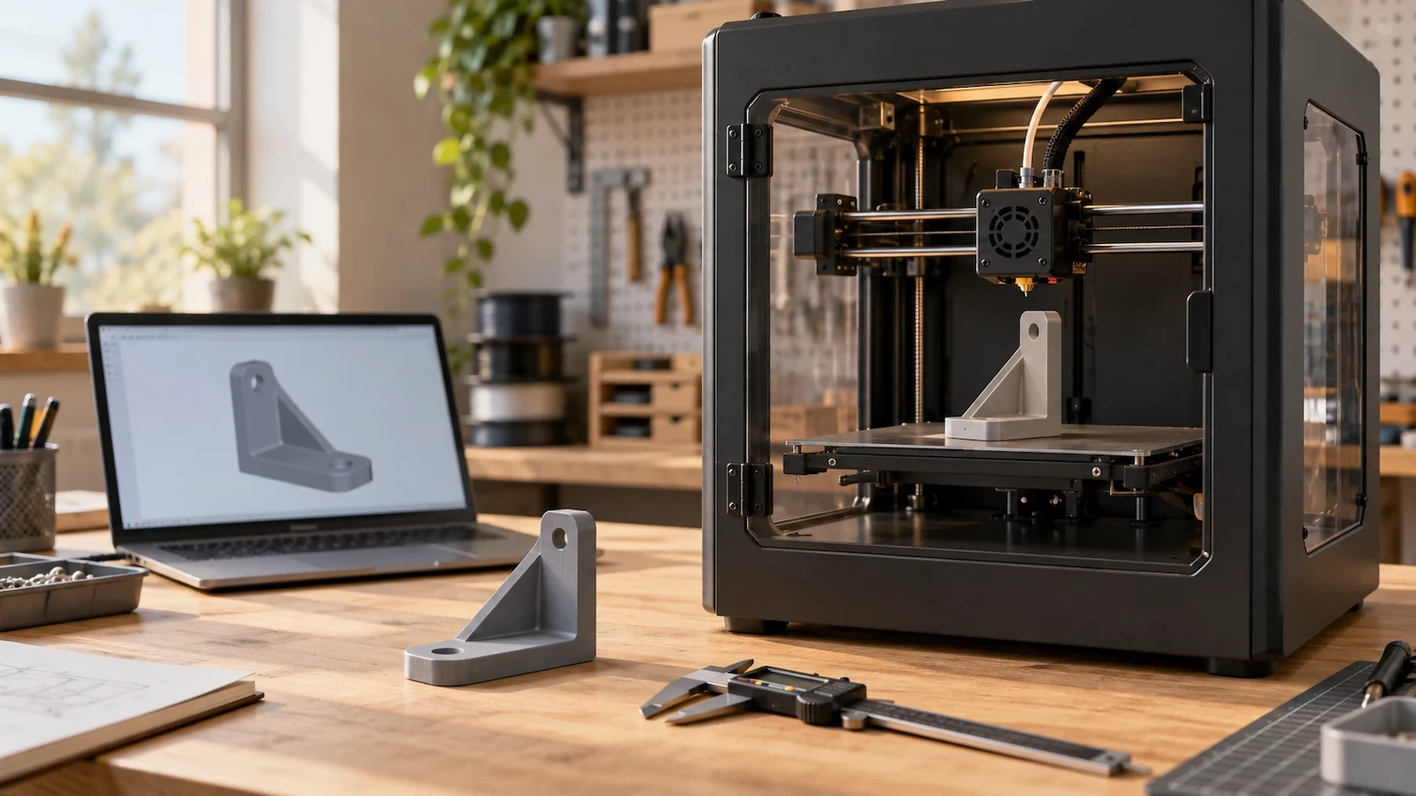 Ілюстрація 3D-друку деталі: принтер, модель і штангенциркуль