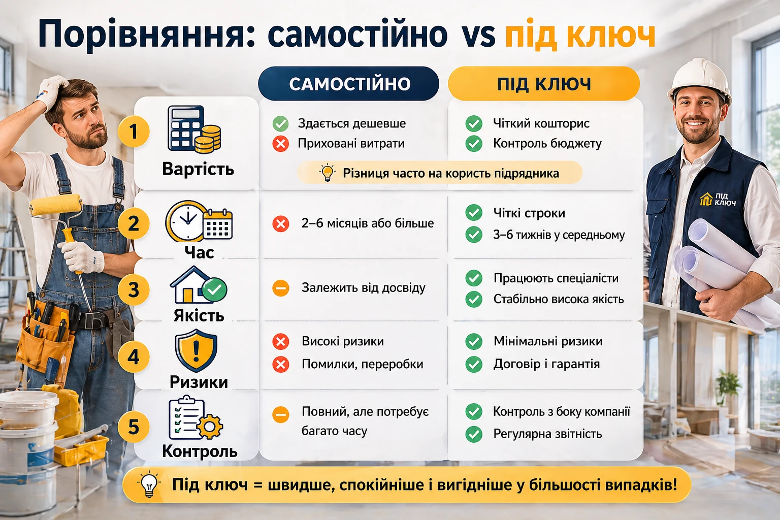 Порівняння ремонту квартири самостійно та під ключ у Рівному &mdash; вартість, час, якість, ризики та контроль